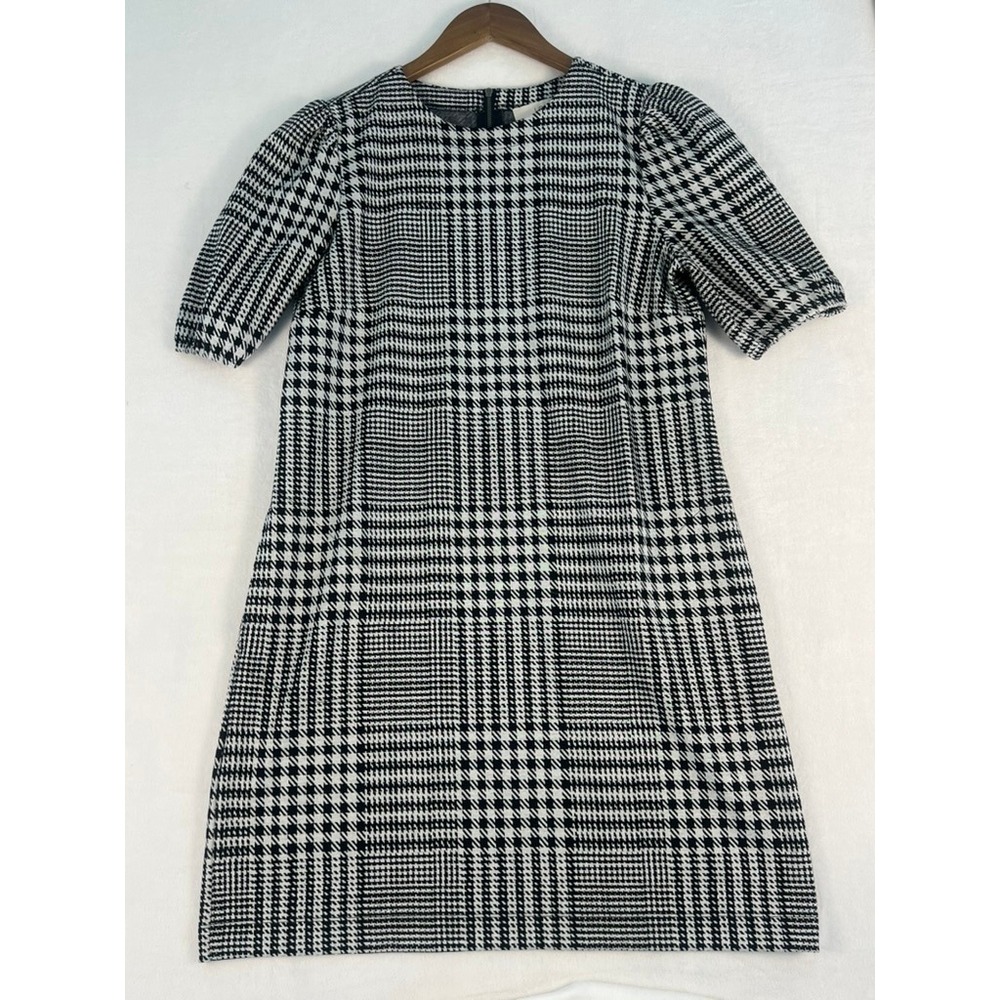 LOFT Shift Dress Wm M Glen Plaid Puff Sleeve Knit Corporate Goth Office Academia